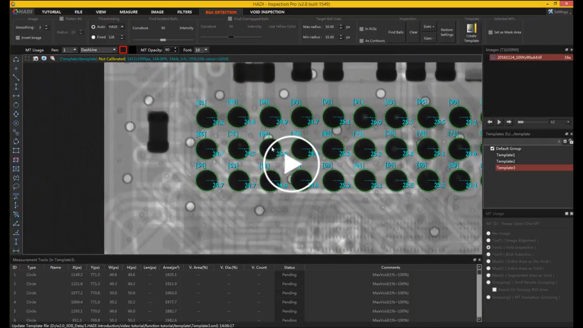 HADI-BGA interface detecting and measuring solder balls in an X-ray image