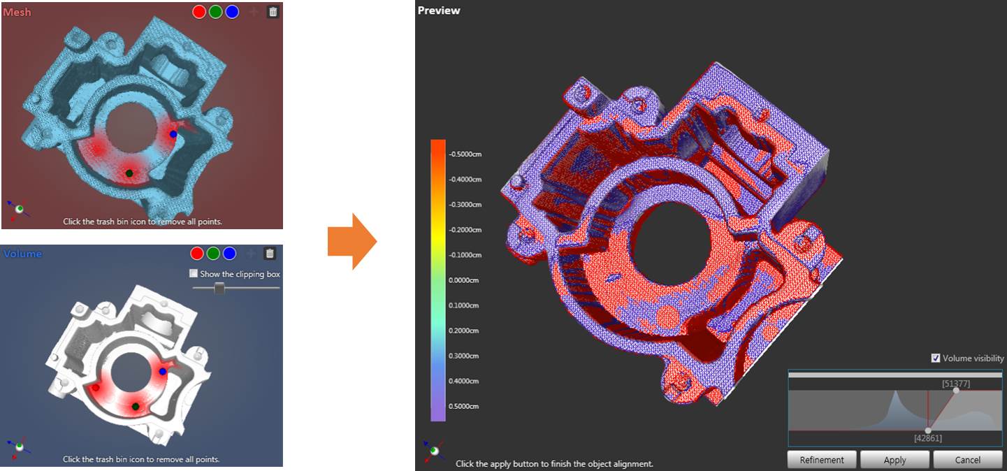 VX3D mesh and volume alignment workflow with a color comparison result