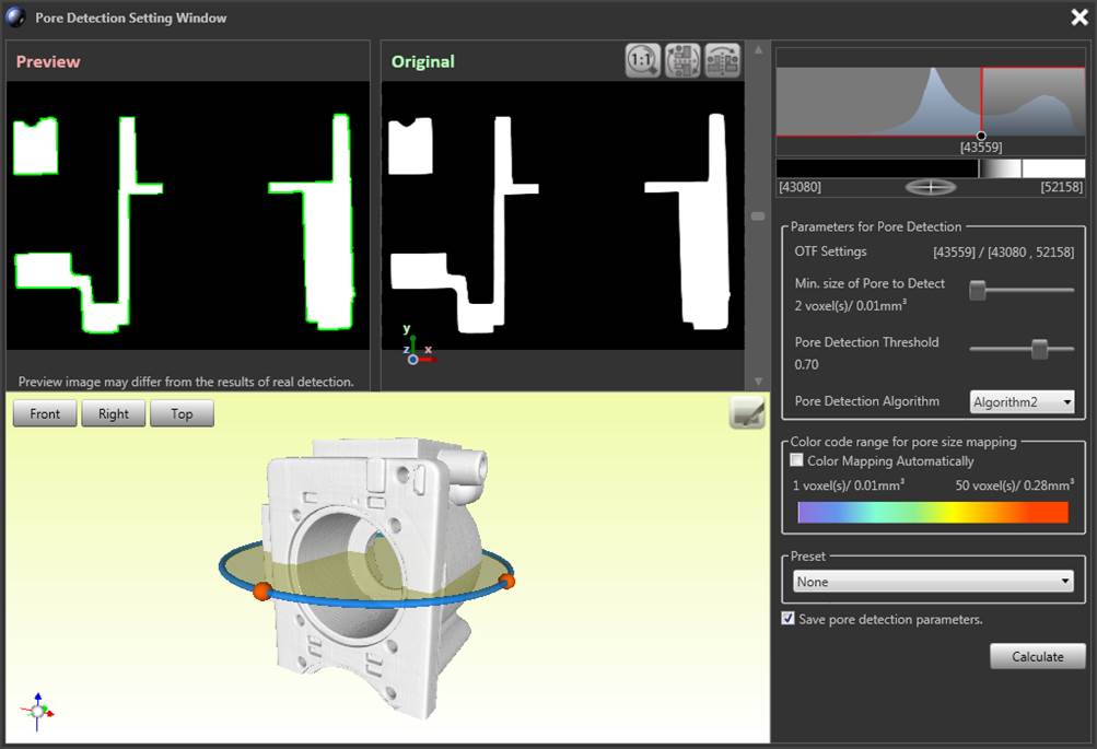 VXPI pore detection settings with preview, threshold, and color range controls